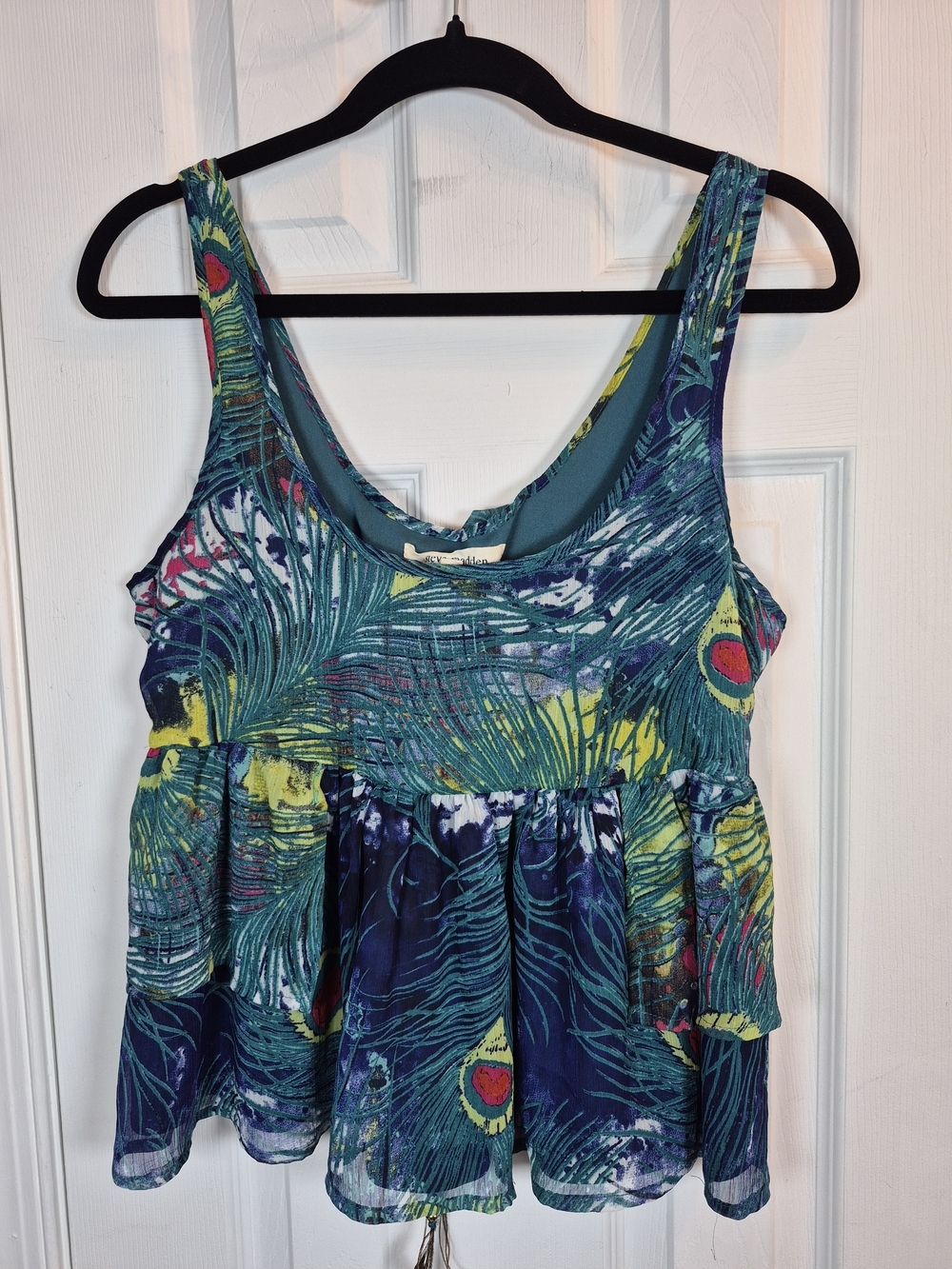 Steve Madden Peacock Feather Baby Doll Tank Top Tiered Peplum Boho L